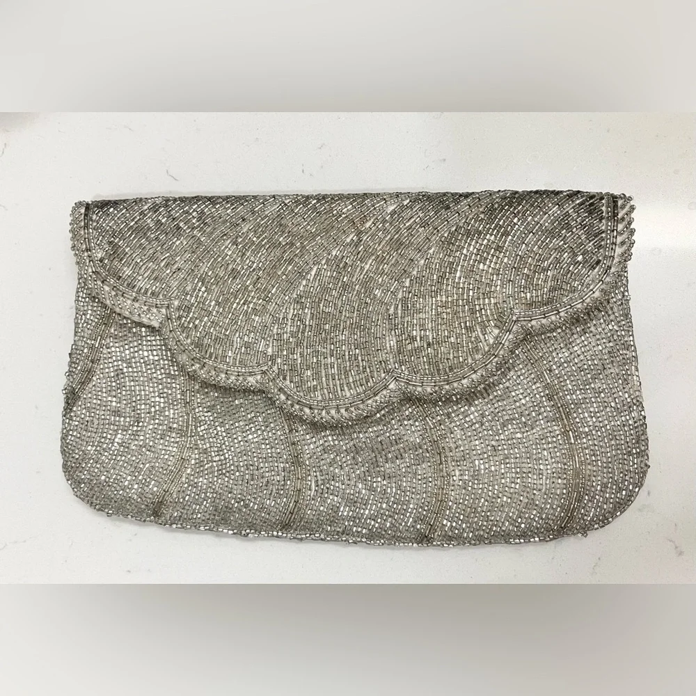 Vintage Delill Beaded Scallop Flap Clutch | Silver Evening Bag